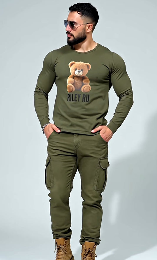 Man wearing a green outfit with a teddy bear graphic and text on a gray background