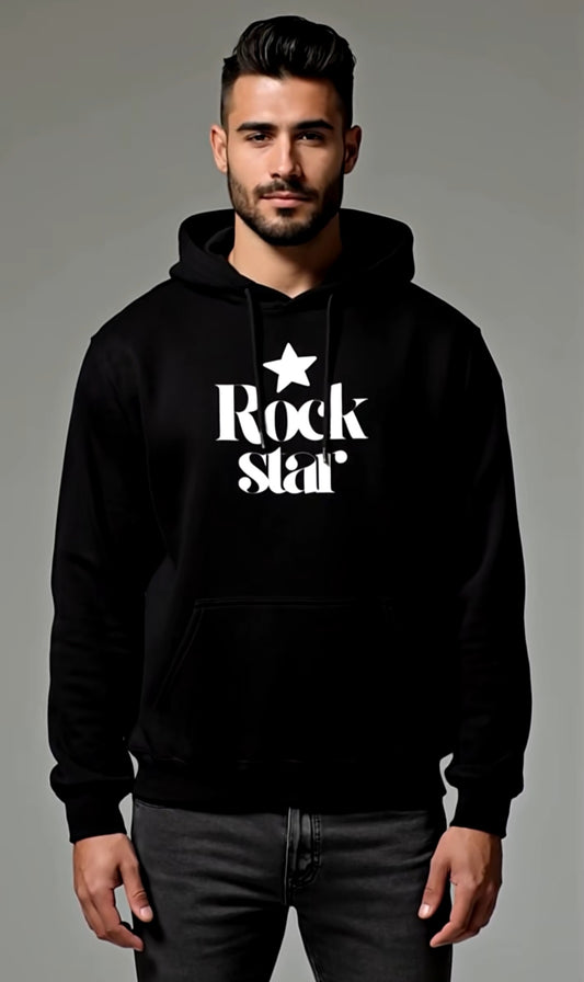 Man wearing a black hoodie with 'Rock Star' text and star graphic on a gray background