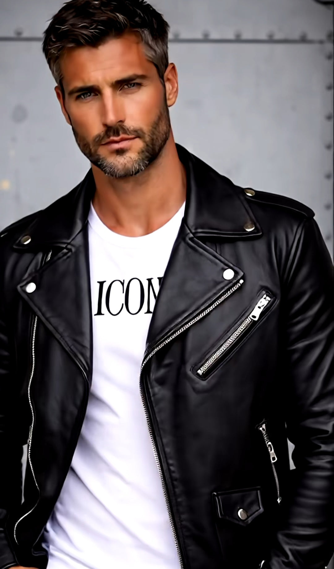 Man wearing a black leather jacket over a white t-shirt with 'ICON' text.