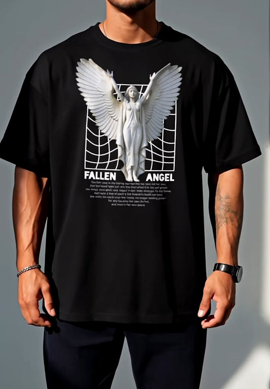 Person wearing a black t-shirt with a 'Fallen Angel' graphic design on a gray background