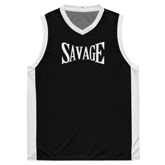 Black sleeveless shirt with 'SAVAGE' print on a white background