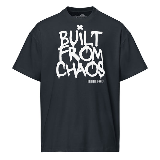 Black t-shirt with 'Built from Chaos' text on a white background