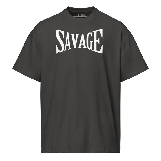 Black t-shirt with 'SAVAGE' print on a white background