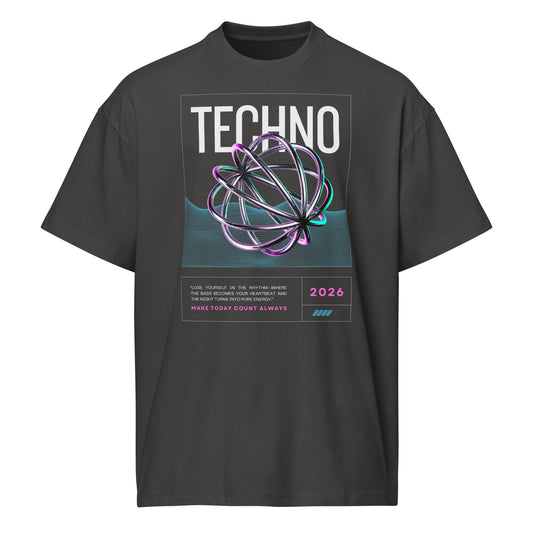 Black t-shirt with 'Techno' design featuring a futuristic sphere on a white background