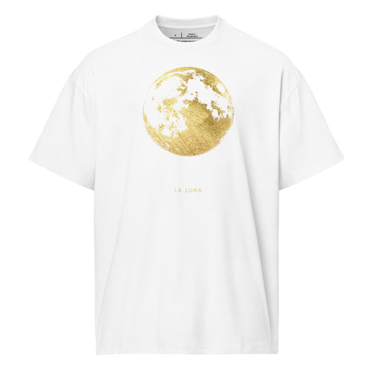 White t-shirt with a gold moon graphic and 'La Luna' text on a white background
