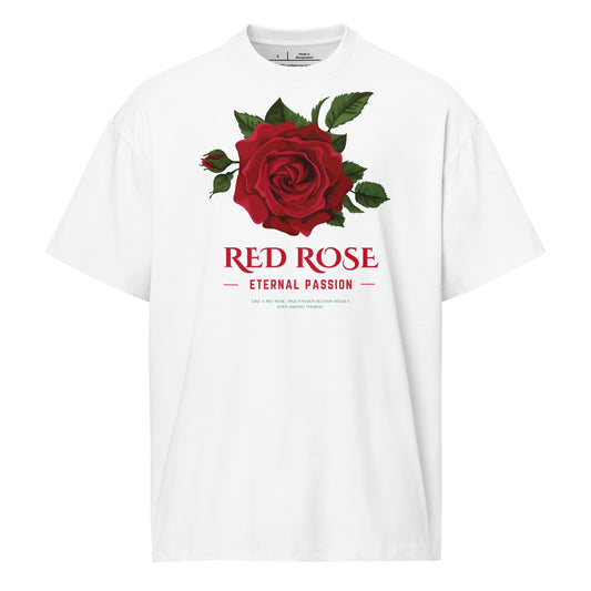 White t-shirt with a red rose graphic and text on a white background