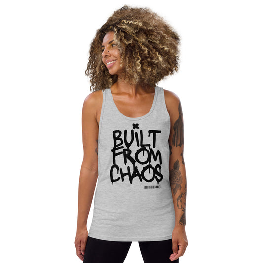 Woman wearing a gray tank top with 'Built from Chaos' text on a white background