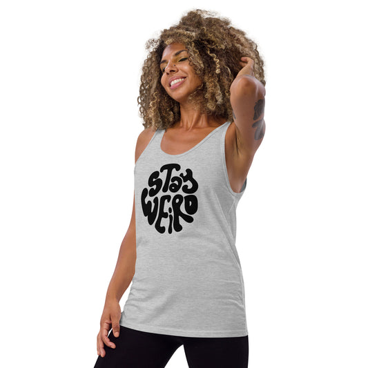 Woman wearing a gray tank top with 'Stay Weird' text on a white background
