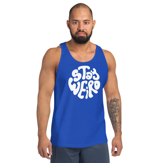 Man wearing a blue tank top with 'Stay Weird' text on a white background