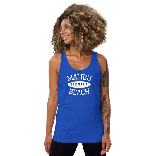 Woman wearing a blue tank top with 'Malibu California Beach' text on a white background