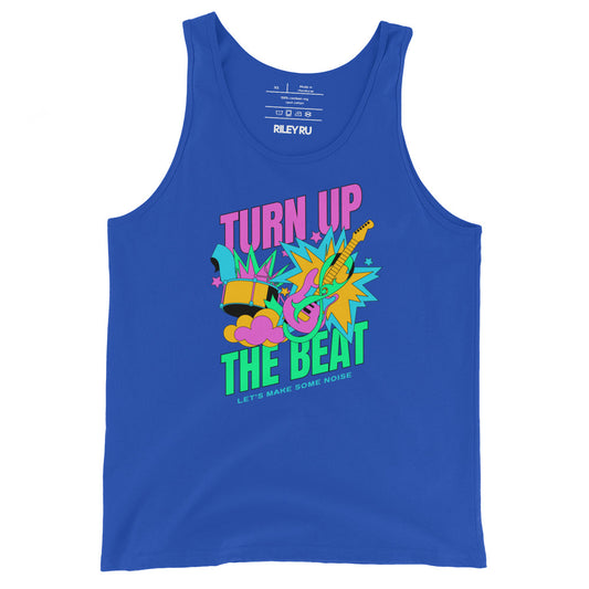 Blue tank top with colorful graphic and text on a white background