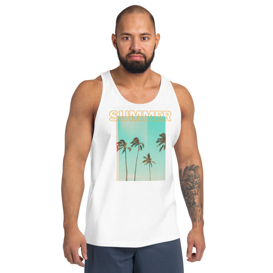 Man wearing a white tank top with a 'Summer' and palm tree design on a white background