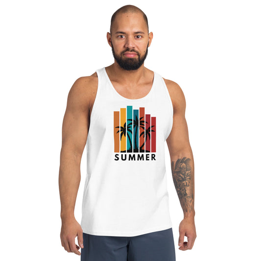 Man wearing a white tank top with 'Summer' and palm tree design on a white background