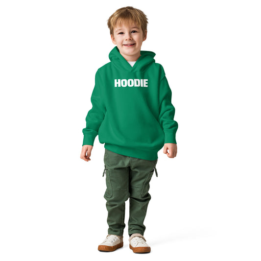 Child wearing a green hoodie with 'HOODIE' text on a white background
