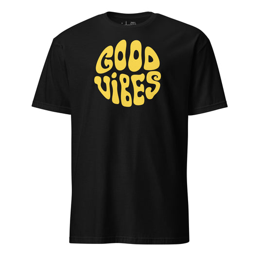 Black t-shirt with 'GOOD VIBES' in yellow text on a white background