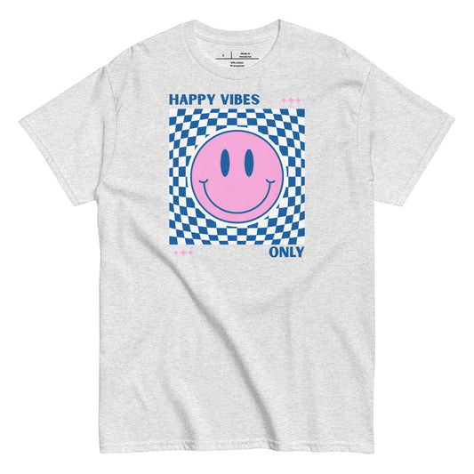 Gray t-shirt with a pink smiley face and 'Happy Vibes Only' text on a white background