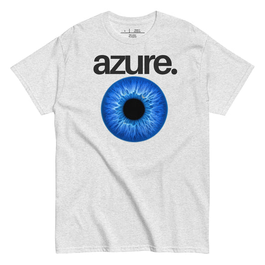 Gray t-shirt with a blue eye graphic and 'azure.' text on a white background