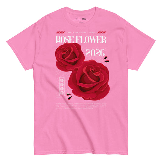 Pink t-shirt with red roses and 'Rose Flower 2026' text on a white background