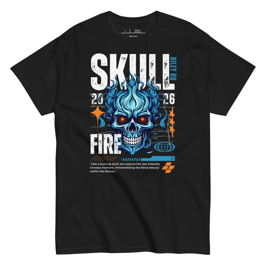 Black t-shirt with blue skull design and text on a white background