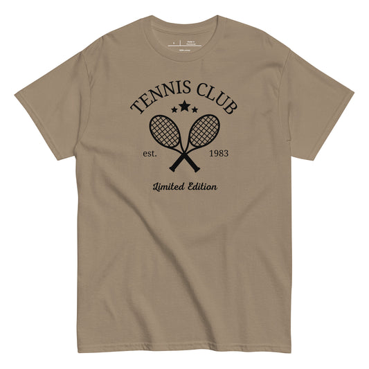 Beige t-shirt with tennis club graphic and text on a white background