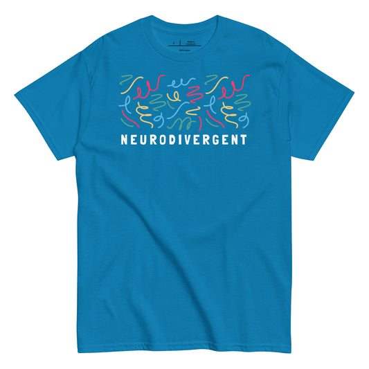 Blue t-shirt with colorful design and 'NEURODIVERGENT' text on a white background