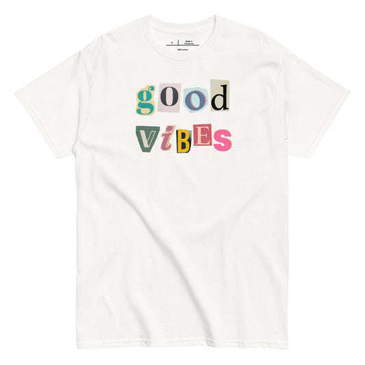 White t-shirt with 'good vibes' text in colorful letters on a white background