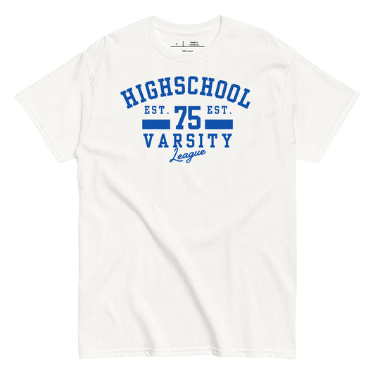 White t-shirt with blue 'Highschool Varsity League' text on a white background