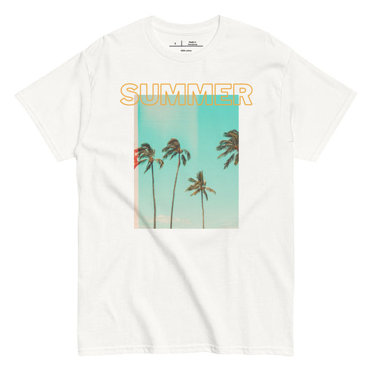White t-shirt with palm tree graphic and 'SUMMER' text on a white background