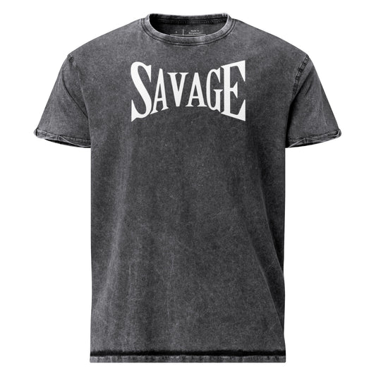 Black t-shirt with 'SAVAGE' print on a white background