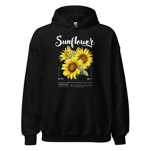 Black hoodie with sunflower design and text on a white background