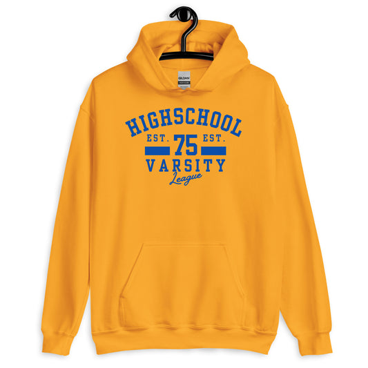 Yellow hoodie with blue text on a white background
