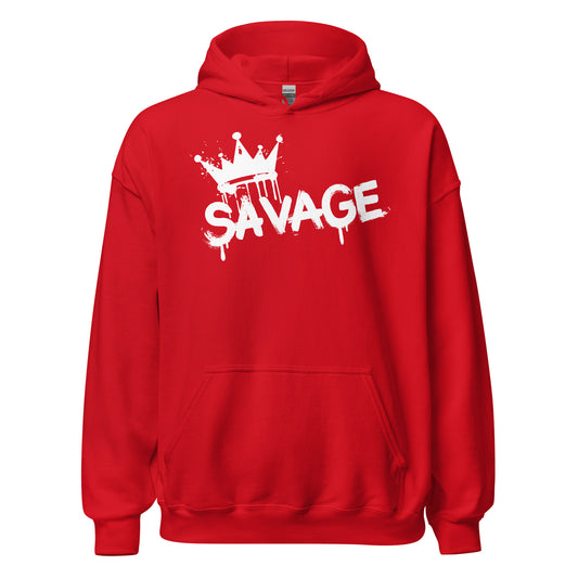Red hoodie with 'SAVAGE' graphic on a white background