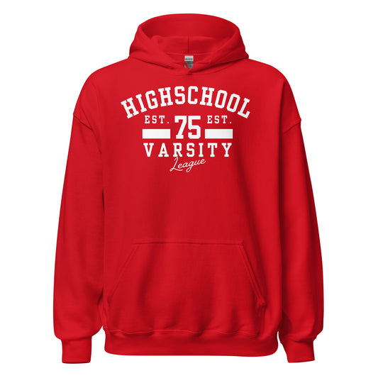 Red hoodie with 'Highschool Varsity League' text on a white background