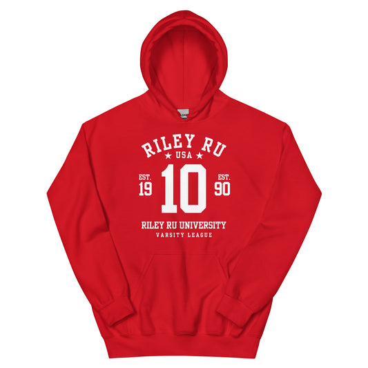 Red hoodie with 'RILEY RU UNIVERSITY' text and design on a white background