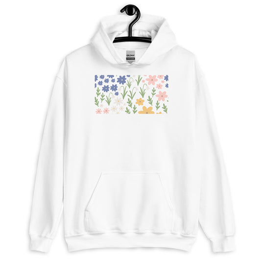 White hoodie with floral design on a hanger against a white background