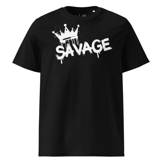 Black t-shirt with 'Savage' graphic design on a white background
