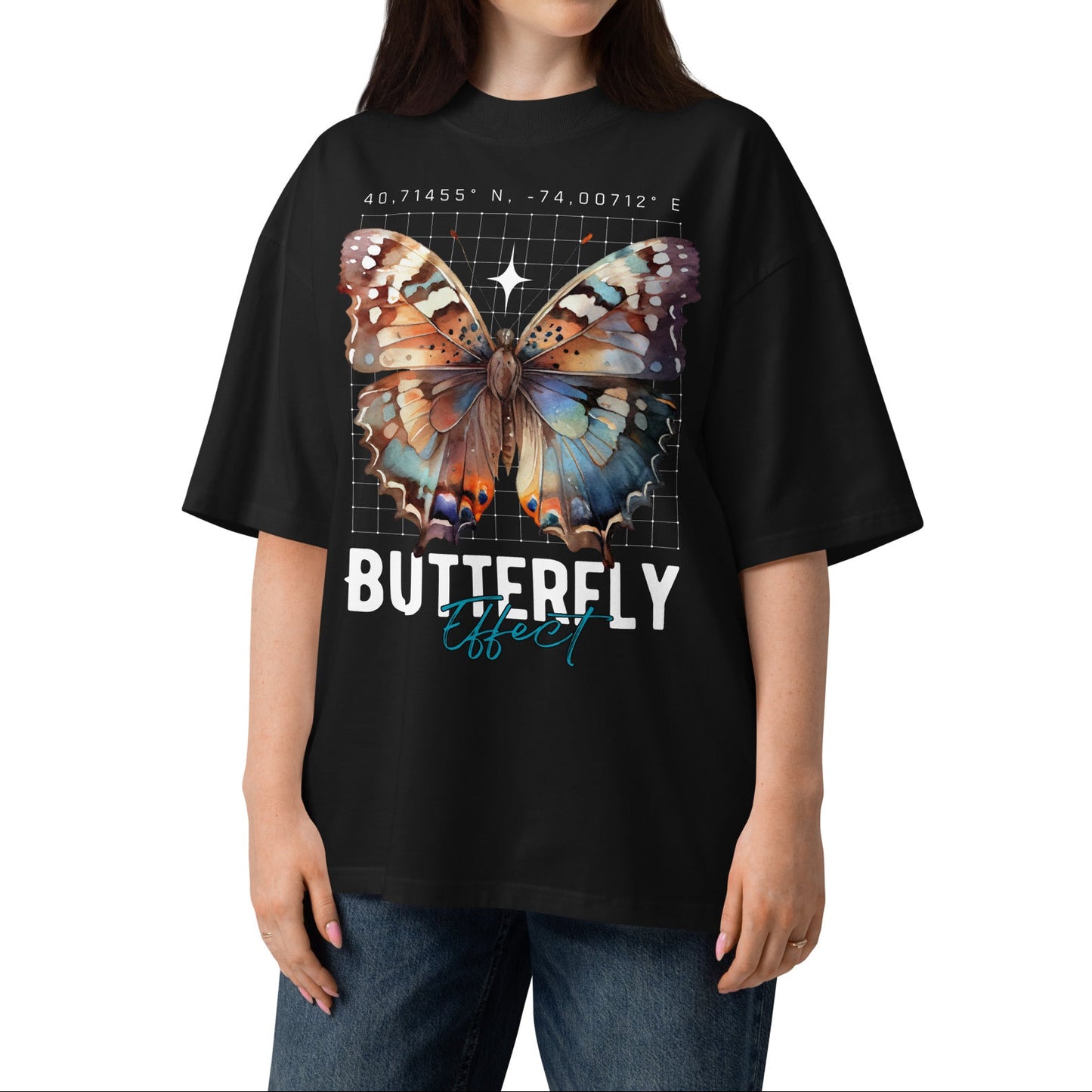Woman wearing a black t-shirt with a butterfly design and text on a white background