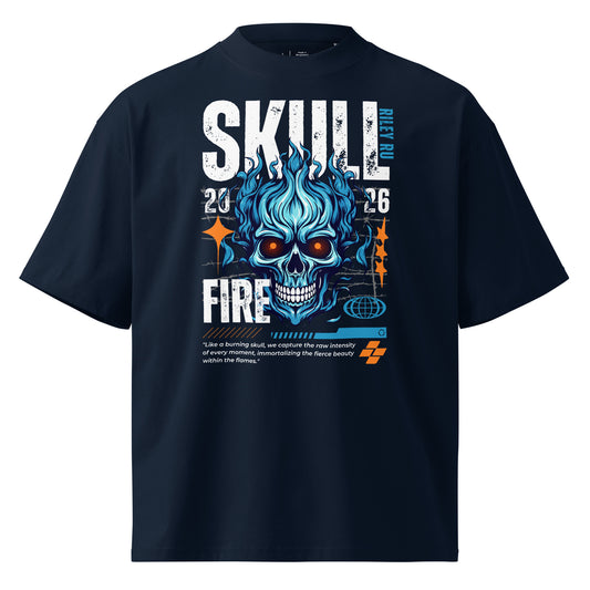 Navy blue t-shirt with a blue skull design and text on a white background