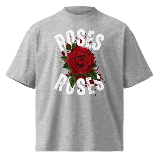 Gray t-shirt with a red rose graphic and 'ROSES ROLLES' text on a white background