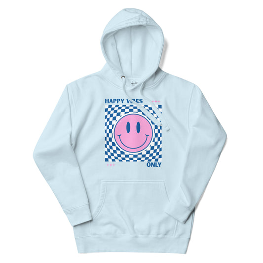 Light blue hoodie with a pink smiley face design on a white background