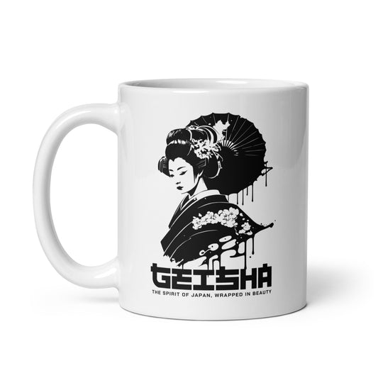 White mug with black geisha design and text on a white background