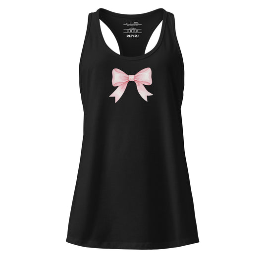 Black tank top with a pink bow design on a white background
