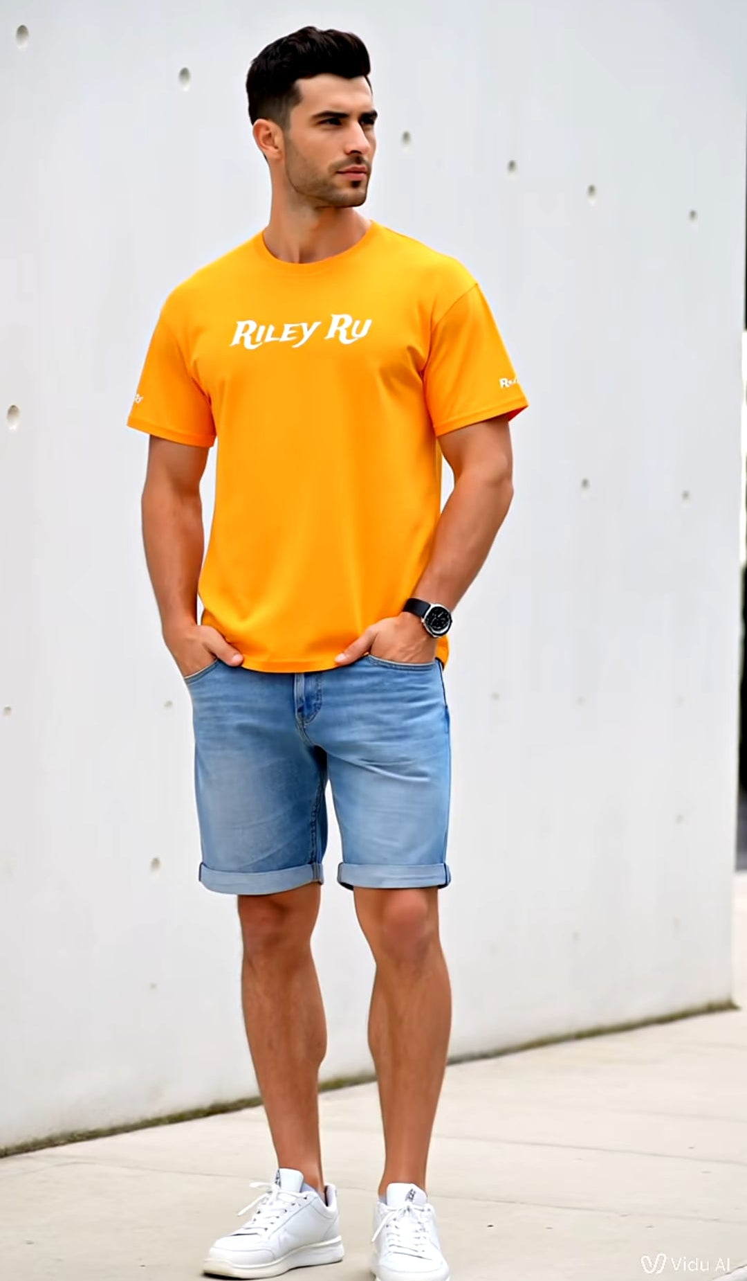 Man wearing a bright orange t-shirt with text and denim shorts standing against a white wall.