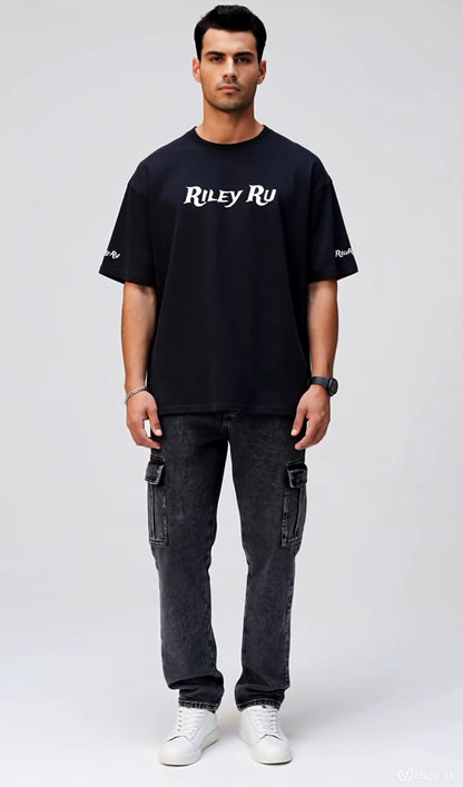 Person wearing a black t-shirt with 'Riley Ru' logo on a white background