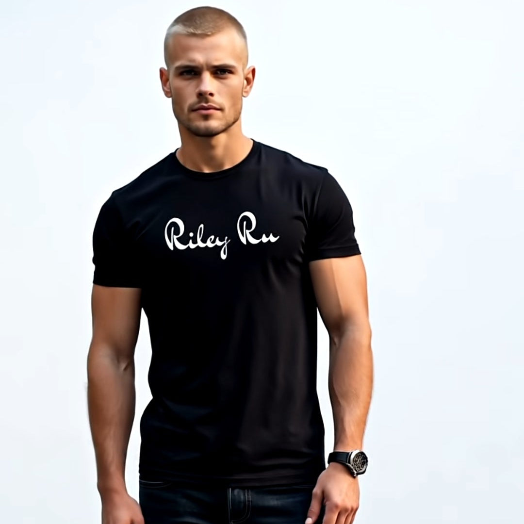 Man wearing a black t-shirt with white text on a plain background