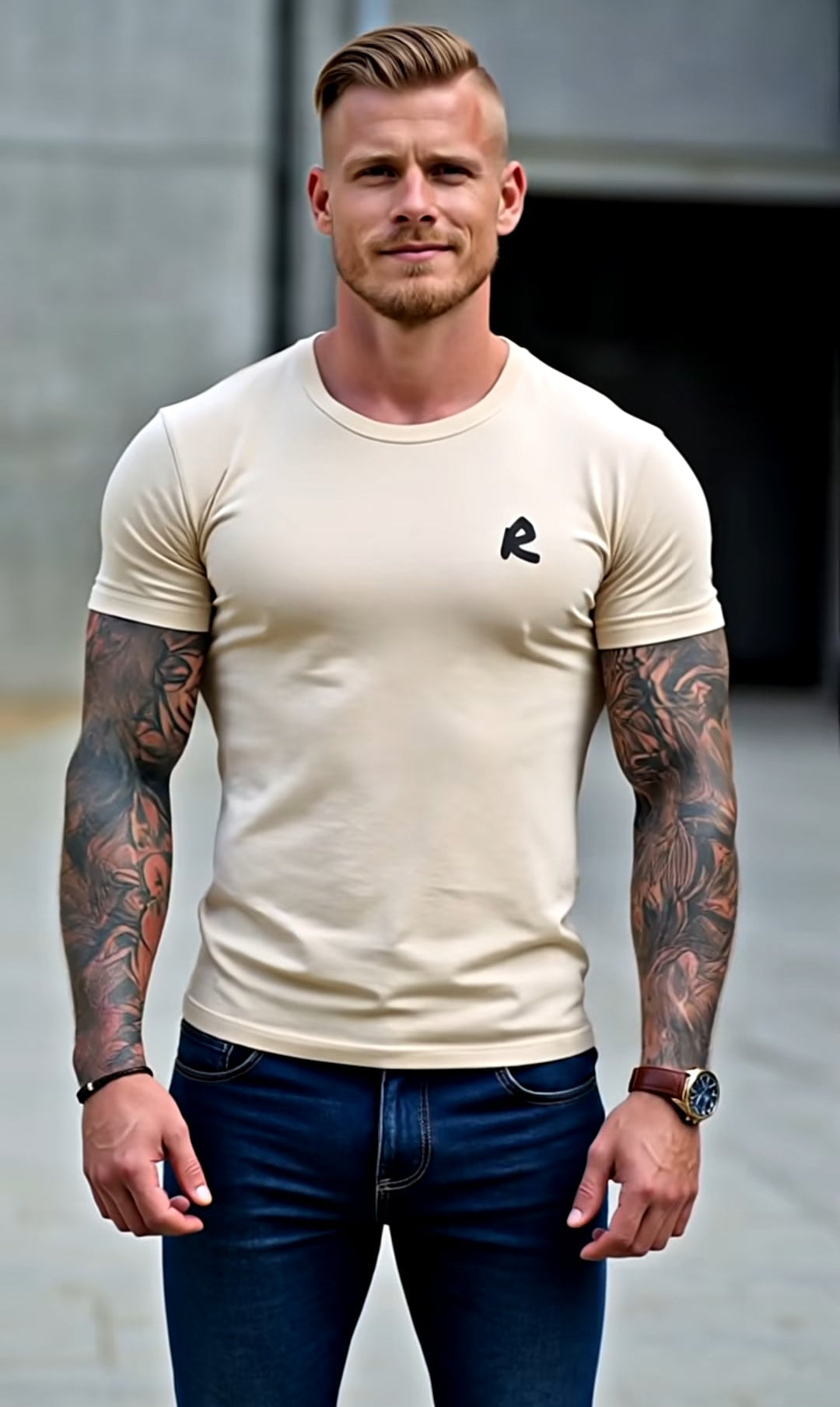 Man wearing a beige t-shirt with a logo and blue jeans standing against a gray wall.