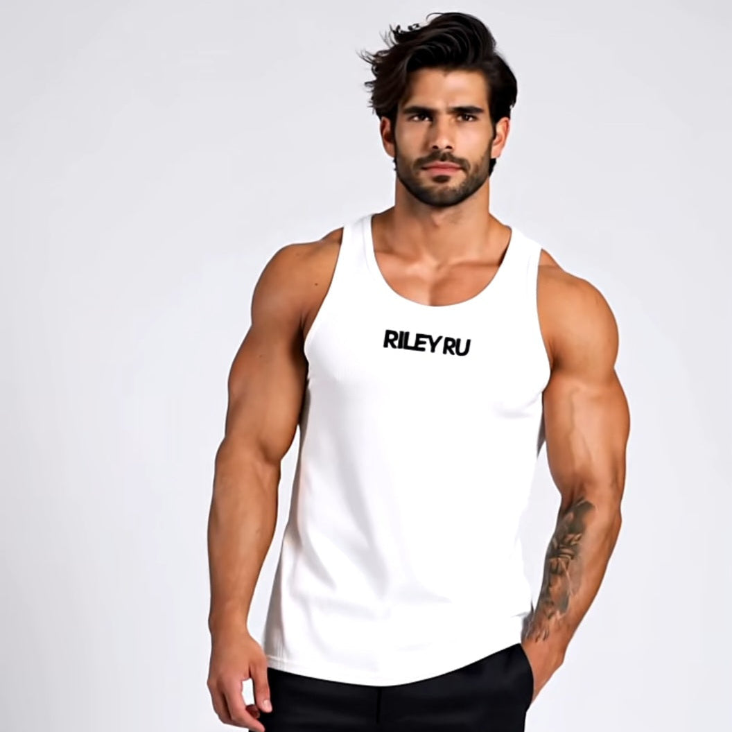 Man wearing a white tank top with 'RILEY RU' branding on a light gray background