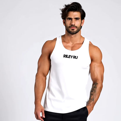Man wearing a white tank top with 'RILEY RU' branding on a light gray background