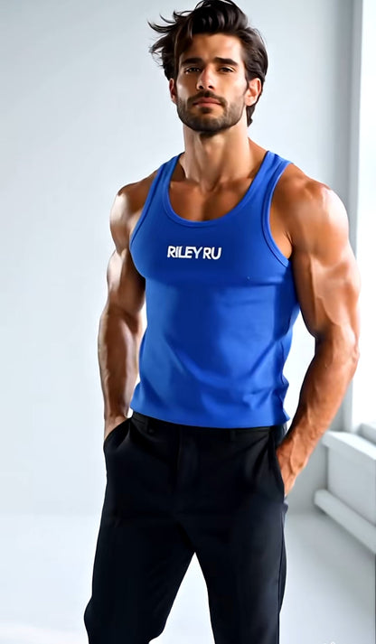Man wearing a blue tank top with 'RILEY RU' logo against a white background