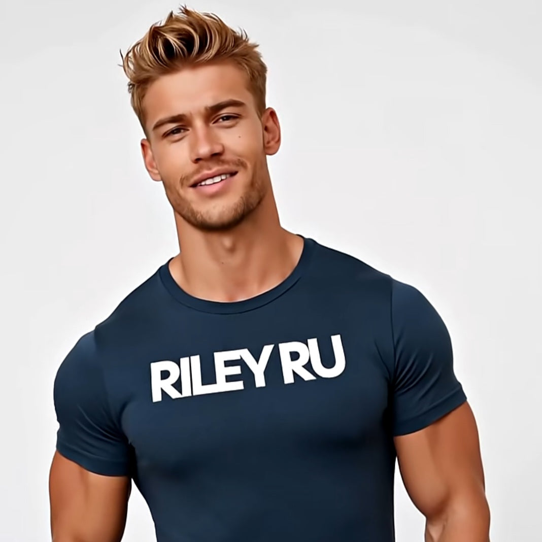 Man wearing a navy blue t-shirt with 'RILEY RU' text on a white background